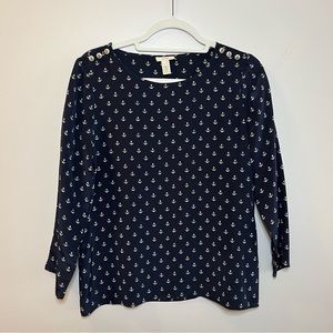 J Crew 3/4 Sleeve Anchor Silk Blouse
